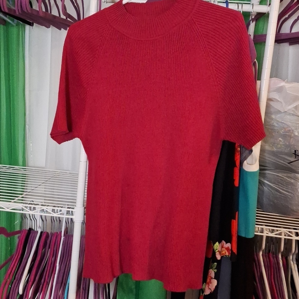 RED RIBBED SHORT SLEEVE TOP SIZE  LARGE